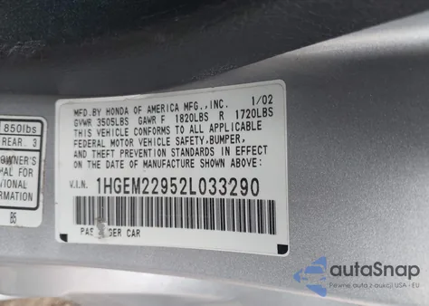 2002 Honda Civic Ex z USA, uszkodzony, nr VIN 1HGEM22952L033290